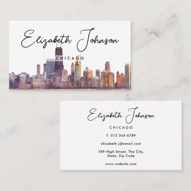 Carte De Visite Élégant Script Chic Toits de Chicago (Devant / Derrière)