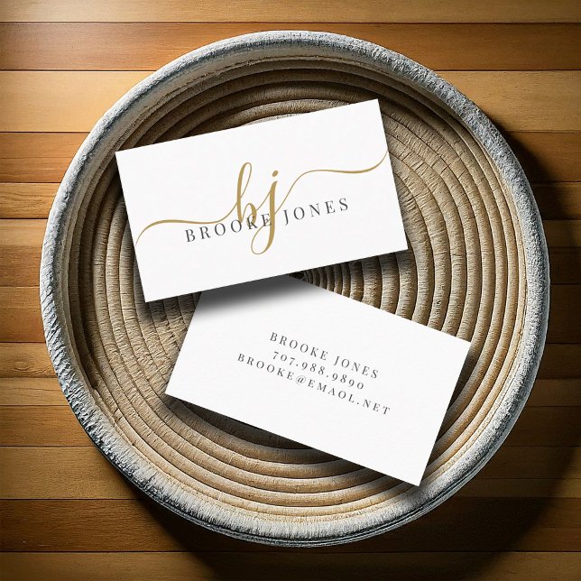 Carte De Visite Élégant Script Gold Monogramme Initiales Nom (Créateur téléchargé)