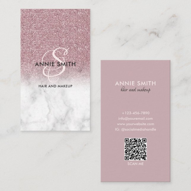 Carte De Visite  Elegant Script Monogram Marble Rose Gold Glitter (Devant / Derrière)
