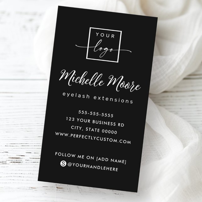 Carte De Visite Élégant script noir vertical logo personnalisé (Elegant script black vertical custom logo business card)