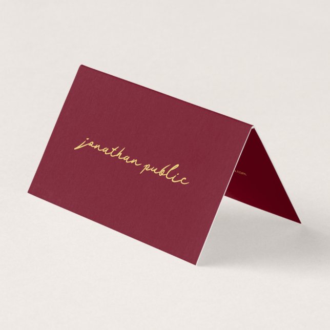Carte De Visite Élégant script personnalisé Modèle rouge et or pli (Devant)
