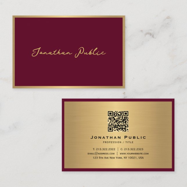 Carte De Visite Élégant script professionnel Bordeaux Gold Europée (Devant / Derrière)
