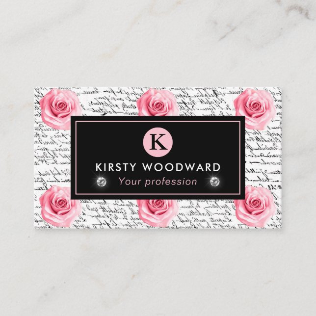 Carte De Visite Élégant Shabby Chic Rose rose et noir Motif (Devant)