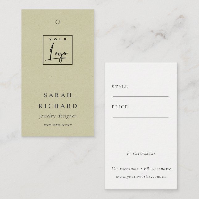 Carte De Visite Élégant Simple Minimal Kraft Blanc Logo Prix Balis (Devant / Derrière)