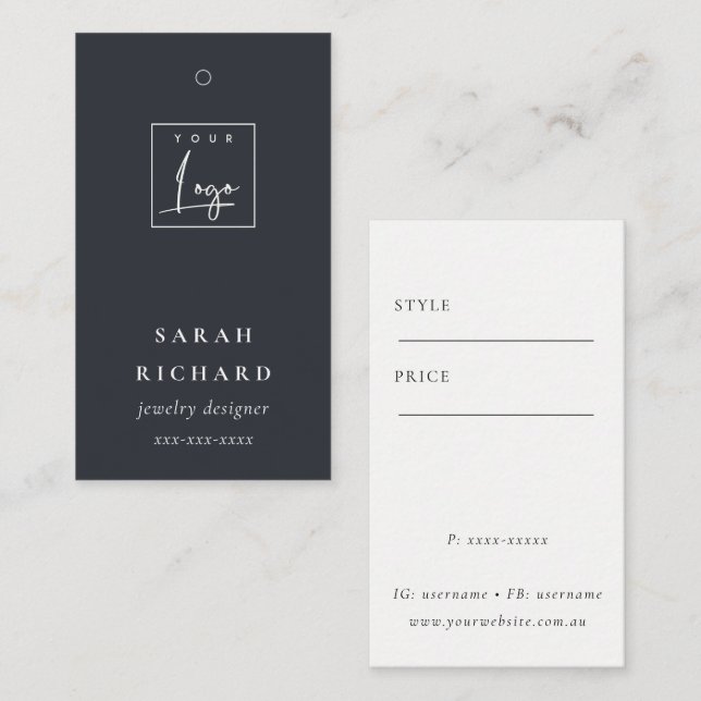 Carte De Visite Élégant Simple Minimal Noir Blanc Logo Prix Balise (Devant / Derrière)