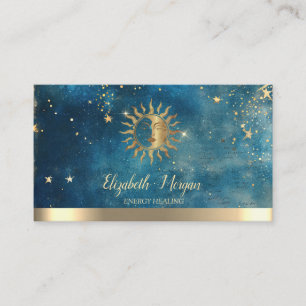 Carte De Visite Élégant Soleil Étoiles Or Aquarelle Bleue