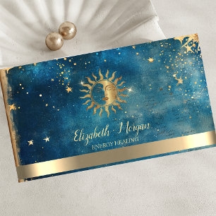 Carte De Visite Élégant Soleil Étoiles Or Aquarelle Bleue