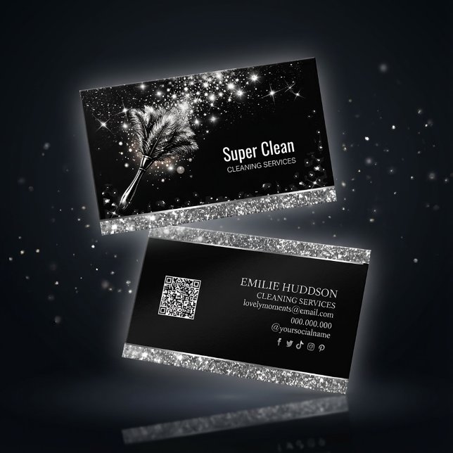 Carte De Visite Elegant Sparkling Cleaning Service Business Card  (#cleaningservice #businesscarddesign #sparklecard #glitterdesign #blackandsilver #brandingdesign )