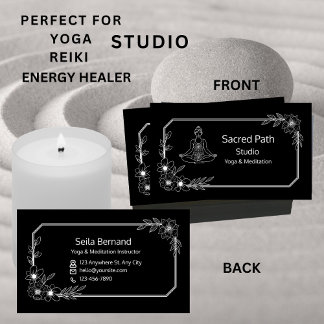 Carte De Visite Élégant Studio Floral De Yoga Noir Et Blanc
