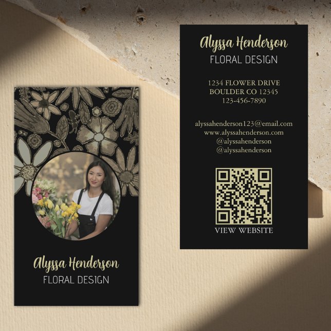 Carte De Visite Elegant Tan & Black Floral Photo QR Code Logo (Créateur téléchargé)