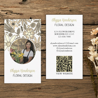 Carte De Visite Elegant Tan & White Floral Photo QR Code Logo
