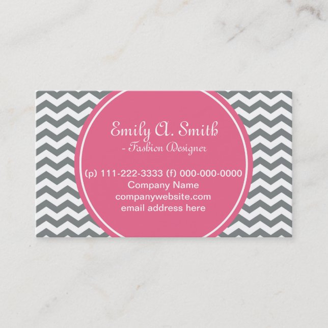 Carte De Visite Elégant, tendance, gris girly, chevron blanc rose (Devant)