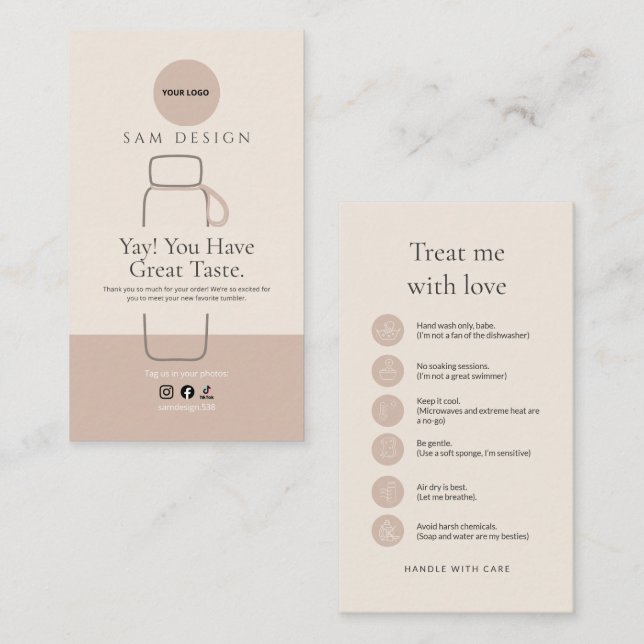 Carte De Visite Elegant Tumbler Care Instructions Custom Than you (Devant / Derrière)