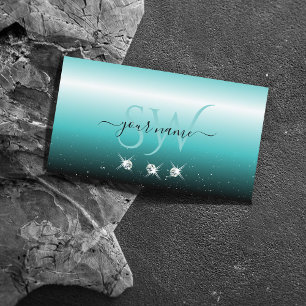 Carte De Visite Élégant Turquoise Noir Ombre Sparkle Diamonds Init