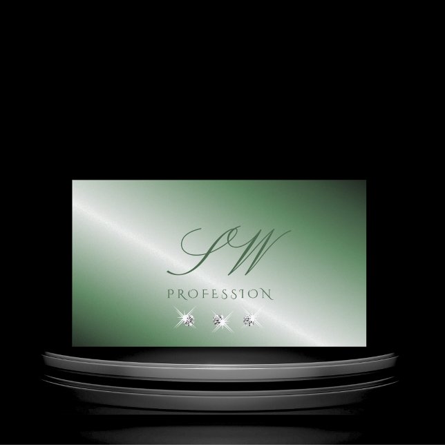 Carte De Visite Élégant Vert Argent Sparkling Diamants Initiales (Créateur téléchargé)