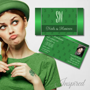 Carte De Visite Élégant vert avec photo et Motif de monogramme chi