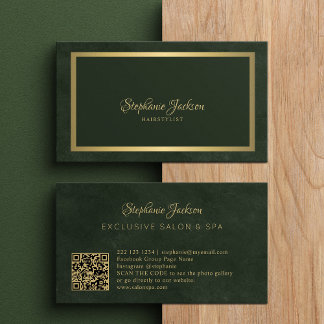 Carte De Visite Élégant vert émeraude et or code QR luxe