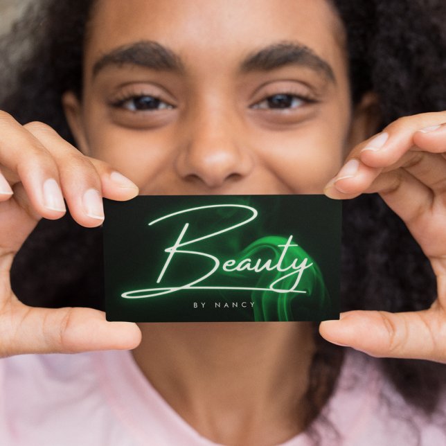 Carte De Visite Élégant vert néon & fumée Salon de beauté Script (Créateur téléchargé)