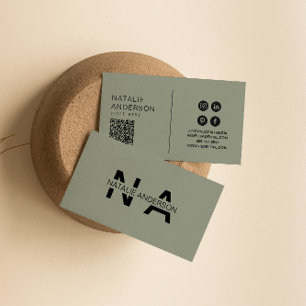 Carte De Visite Élégant vert Neutre QR Code Monogramme Logo Boho