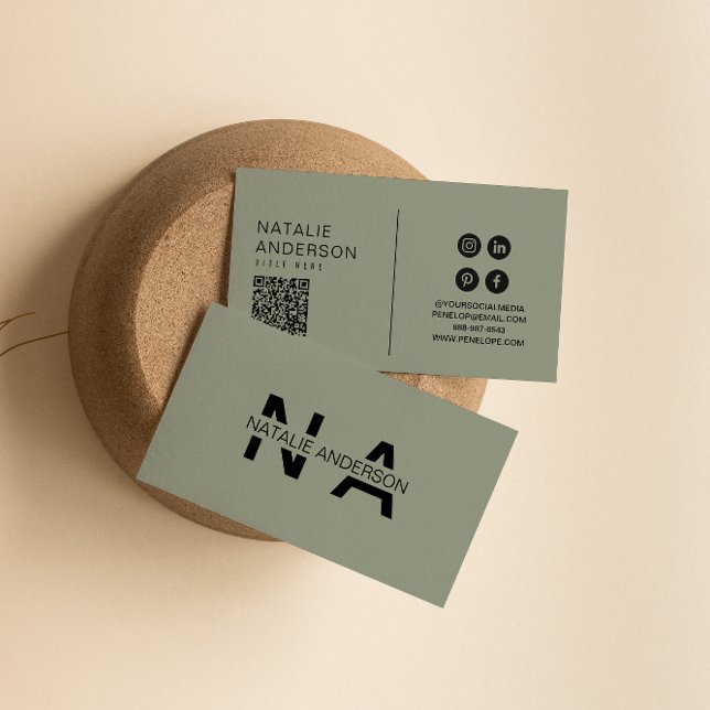 Carte De Visite Élégant vert Neutre QR Code Monogramme Logo Boho (Créateur téléchargé)