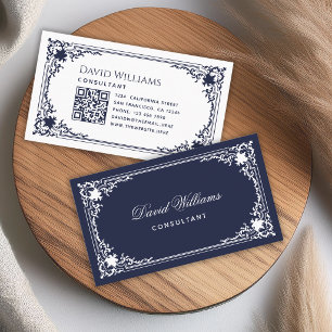 Carte De Visite Élégant Vintage Bleu Marine Blanc avec Texte et Co