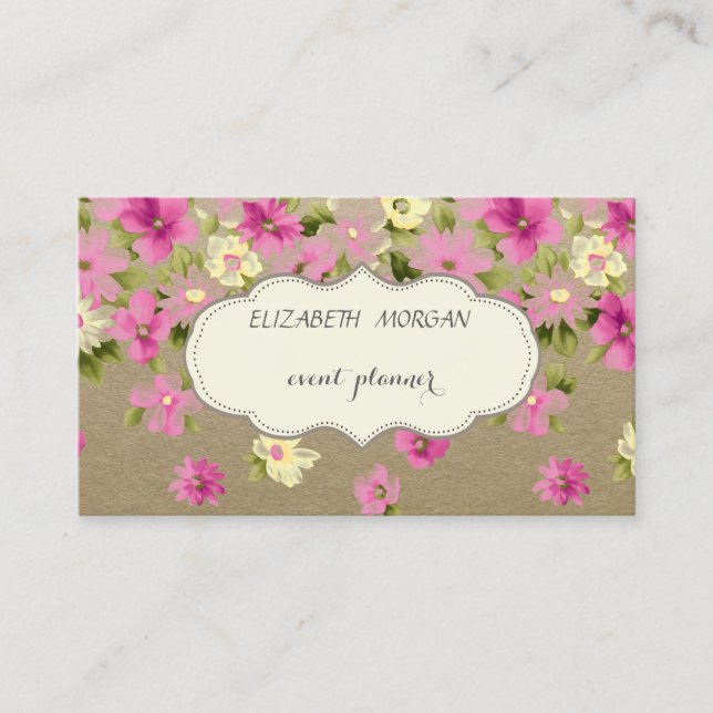 Carte De Visite Élégant Vintage, Kraft, Fleurs (Devant)