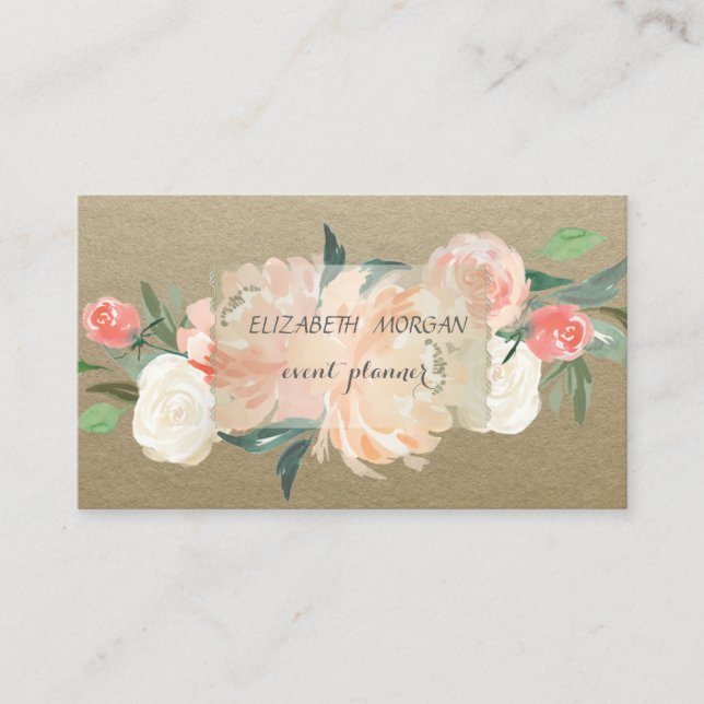Carte De Visite Élégant Vintage, Kraft, Fleurs (Devant)