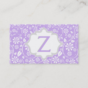Carte De Visite Élégant violet blanc, motif floral gris monogramme