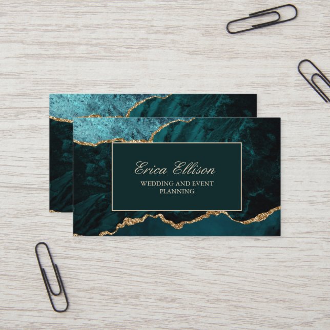 Carte De Visite Élégant Wedding planner en marbre vert or (Devant/Arrière en situation)