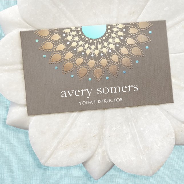 Carte De Visite Elégant Yoga Gold Lotus Mandala Taupe Linen (Créateur téléchargé)