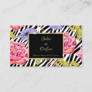 Carte De Visite Elégant Zebra Print rose Floral Gold Frame Salon