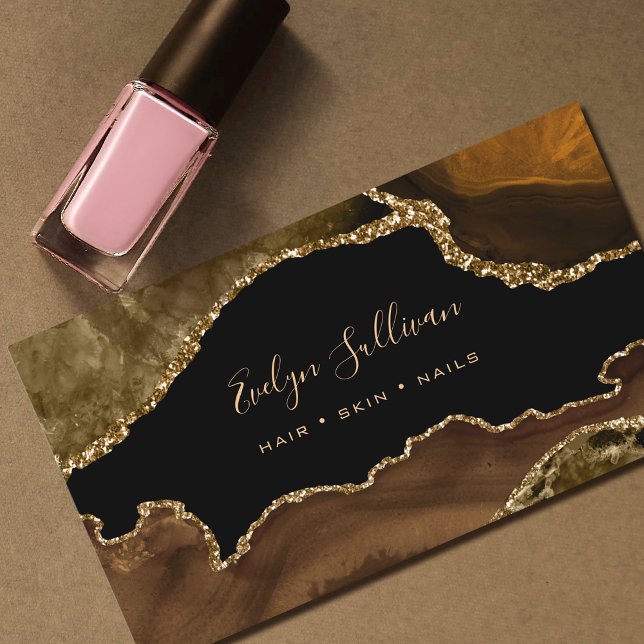 Carte De Visite élégante aquarelle brune agate sur noir (Créateur téléchargé)