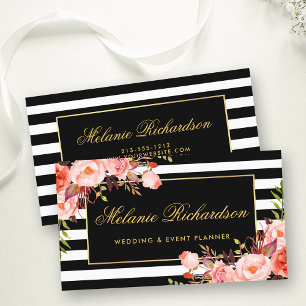 Carte De Visite Elégante aquarelle Coral Floral Or Noir rayé