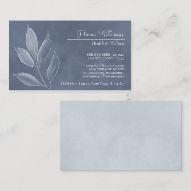 Carte De Visite Elégante aquarelle Feuille Dusty Blue & Pewter (Devant / Derrière)
