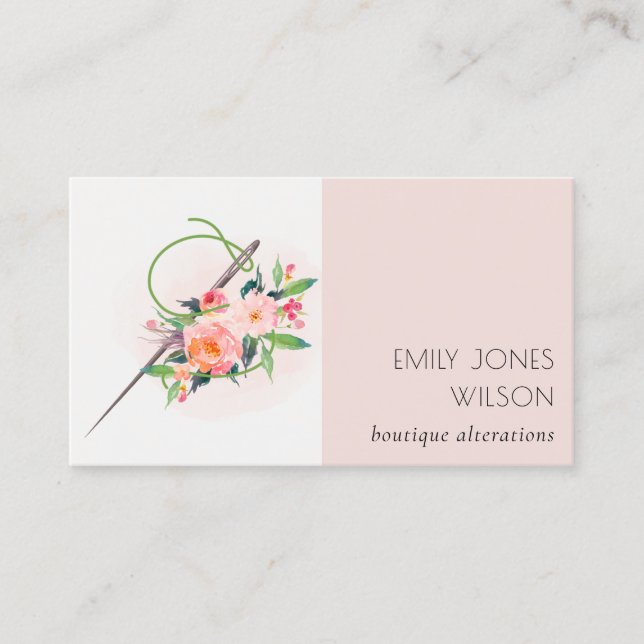 Carte De Visite Elégante Aquarelle rose Aiguille Flore (Devant)