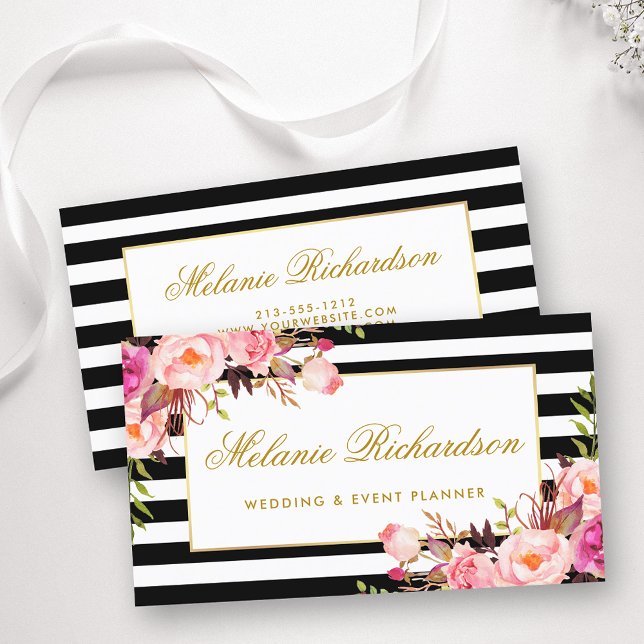 Carte De Visite Elégante aquarelle rose floral or cadre rayé (Customize to change text size, color or text style.)