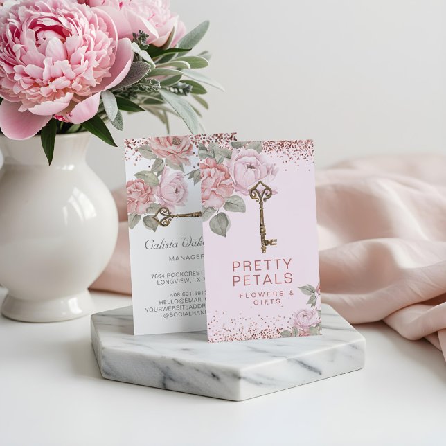 Carte De Visite Elégante aquarelle rose Parties scintillant de piv (Elegant Watercolor Pink Botanical Peony Glitter Business Card)