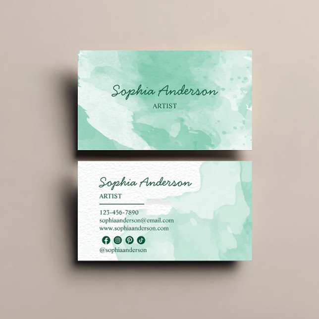 Carte De Visite Elégante Aquarelle verte Pastel (Créateur téléchargé)