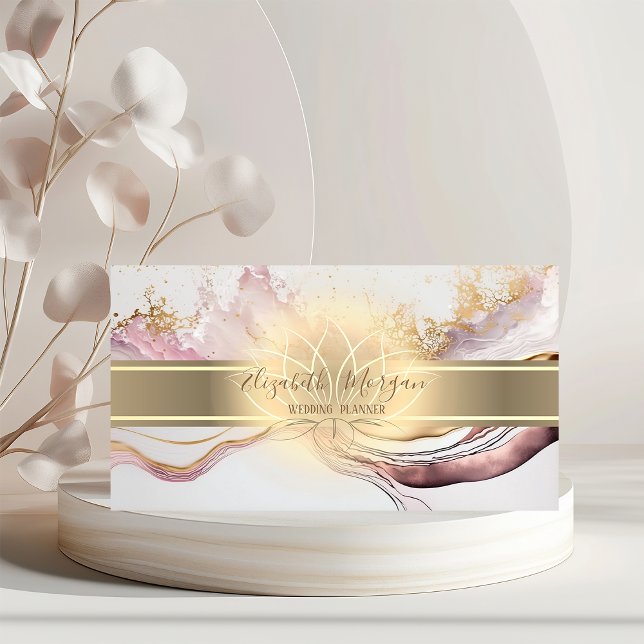 Carte De Visite Elégante Bande Or, Marbre Lotus Or Rose Blanc (Créateur téléchargé)