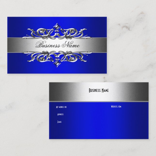 Carte de visite élégante bleu royal sur argent (Devant / Derrière)