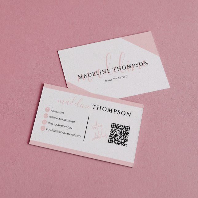 Carte De Visite Élégante calligraphie rose pâle Code QR (Créateur téléchargé)