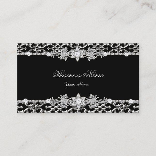 Carte De Visite Élégante Classe Argent Diamant Noir 2 (Devant)