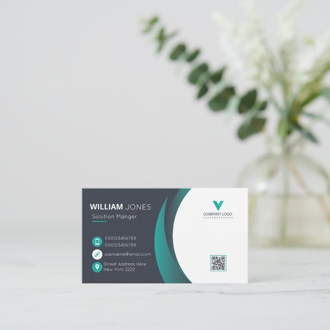 Carte de visite élégante, Code QR vert blanc (Debout devant)
