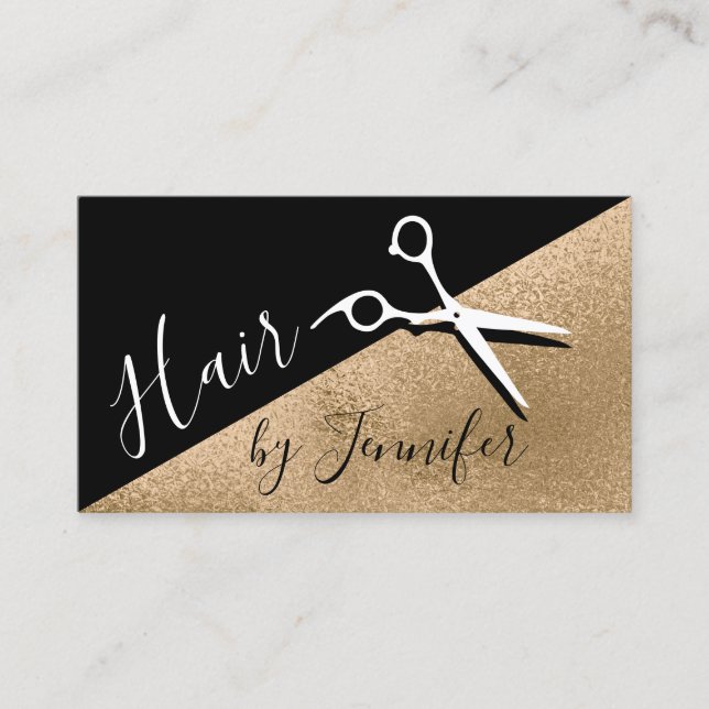 Carte De Visite Elégante coiffeuse de ciseaux noirs et or en cuivr (Devant)