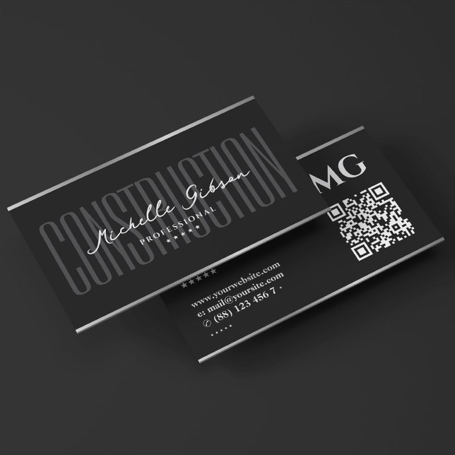 Carte De Visite Elégante construction professionnelle Noir Argent (Elegant Professional Construction Black Silver Business Card
)