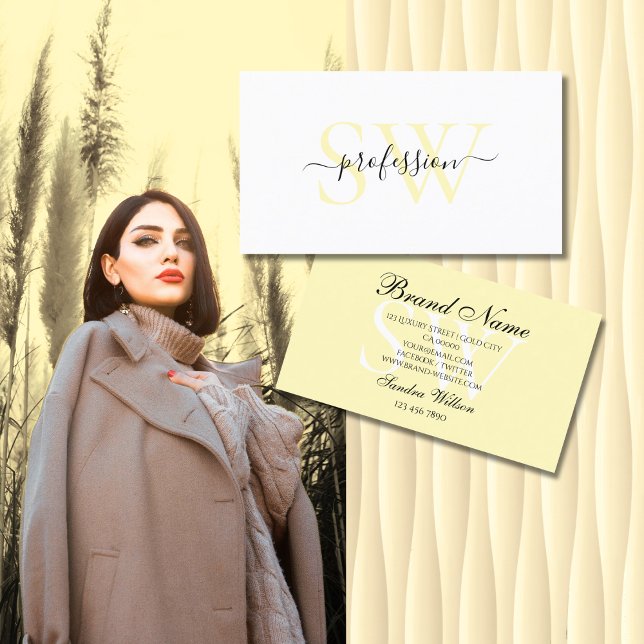 Carte De Visite Elégante crème pastel blanche et légère avec initi (Créateur téléchargé)