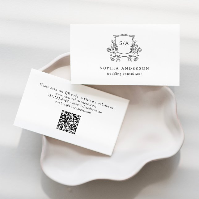 Carte De Visite Élégante crête et monogramme | Noir et blanc (Créateur téléchargé)