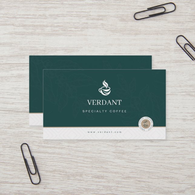 Carte de visite élégante de café spécialisé vert f (Devant/Arrière en situation)