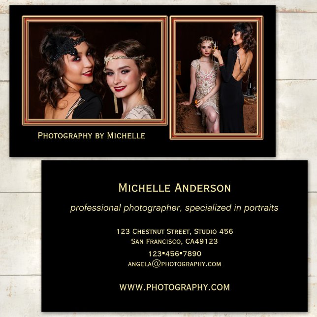 Carte de visite élégante de photographe noir (Photographer business card featuring your photos framed by a rose gold lining on black )