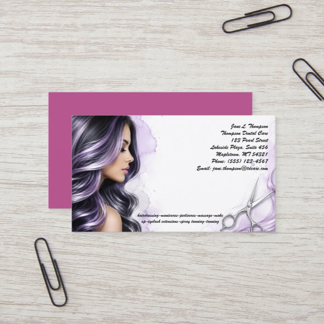 💜 Carte de visite élégante de salon de beauté vio (Devant/Arrière en situation)